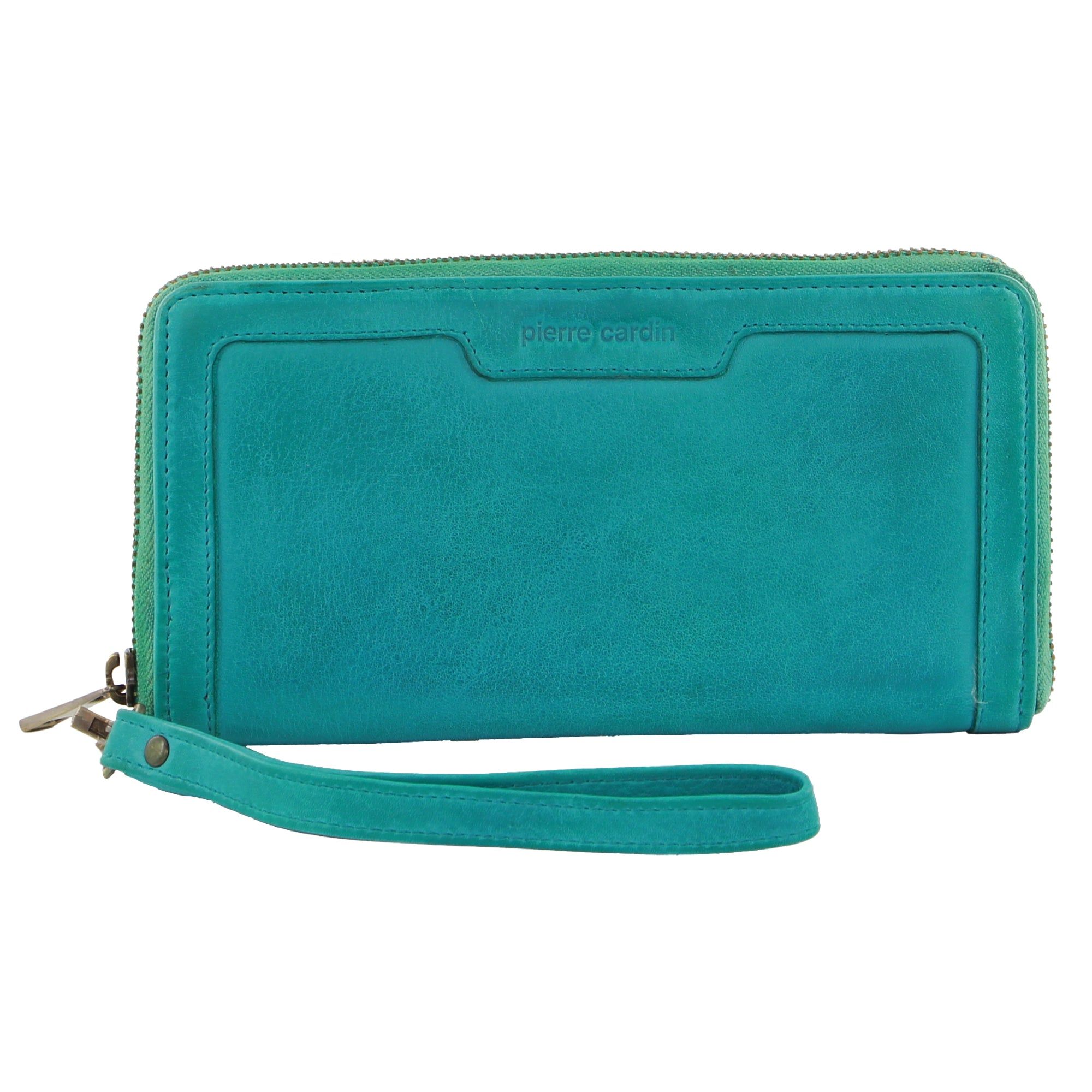 Carteira Com Zíper Pierre Cardin Leather Zip around wallet w Wristlet Feminino Turquesa | 1026-RLUKS